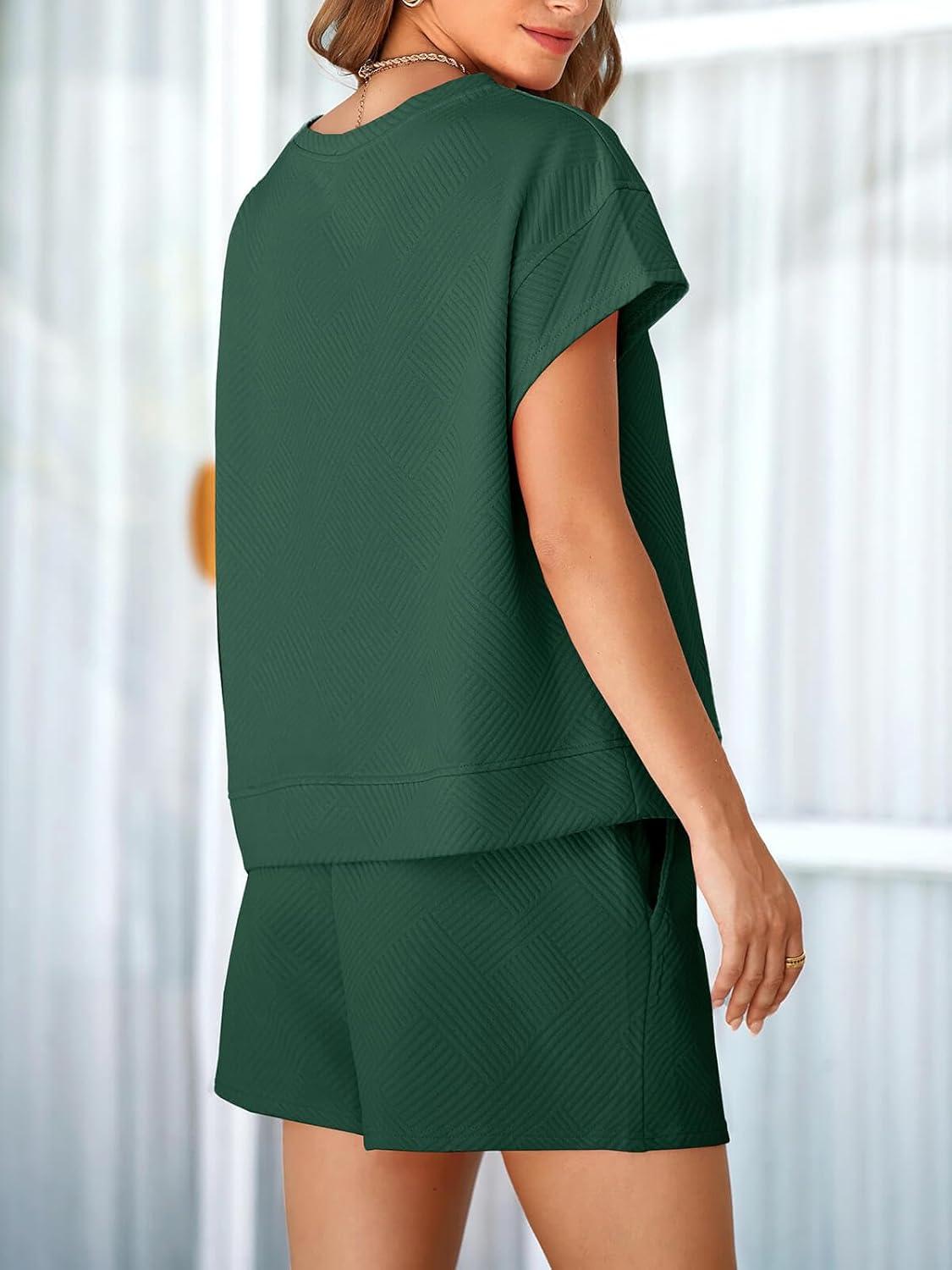 imageTankaneo Womens Loungewear Set Short Sleeve Tops and Shorts 2 Piece Outfits Matching Lounge Pajama Set with PocketsDark Green