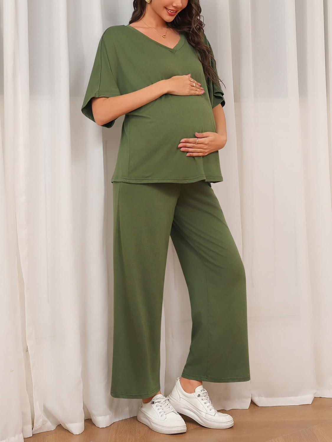 imageTankaneo Womens Maternity Pajamas 2 Piece Lounge Set Soft Short Sleeve V Neck Tshirt Cropped Pants Pregnancy LoungewearArmy Green