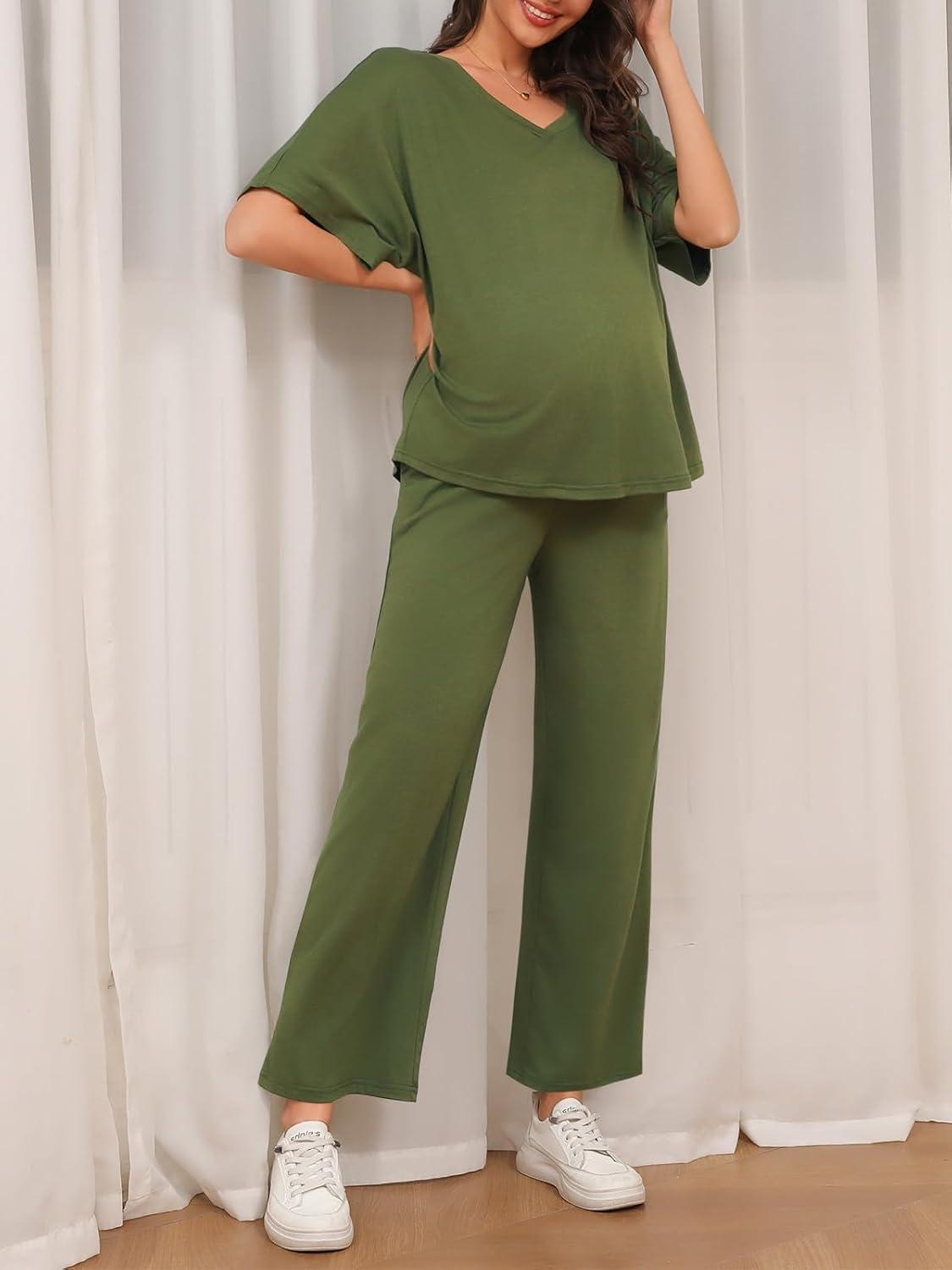 imageTankaneo Womens Maternity Pajamas 2 Piece Lounge Set Soft Short Sleeve V Neck Tshirt Cropped Pants Pregnancy LoungewearArmy Green