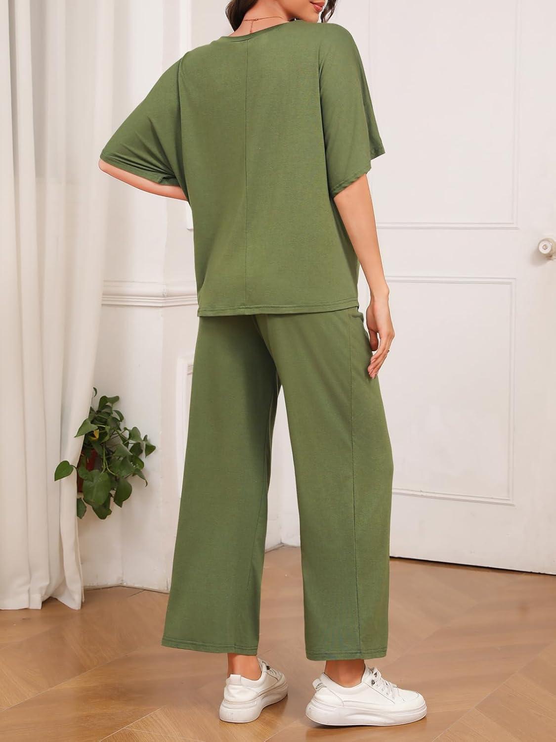 imageTankaneo Womens Maternity Pajamas 2 Piece Lounge Set Soft Short Sleeve V Neck Tshirt Cropped Pants Pregnancy LoungewearArmy Green