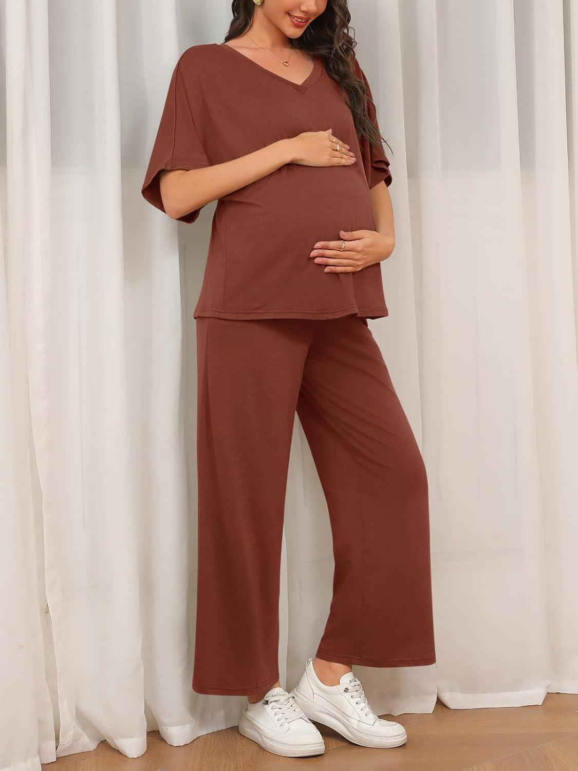 imageTankaneo Womens Maternity Pajamas 2 Piece Lounge Set Soft Short Sleeve V Neck Tshirt Cropped Pants Pregnancy LoungewearCoffee