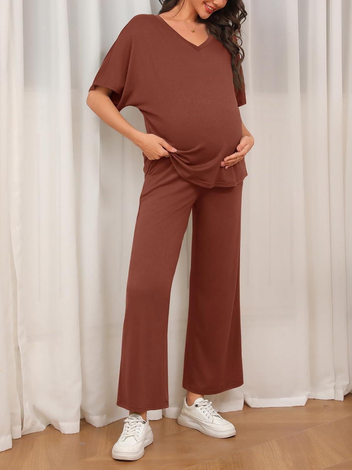 imageTankaneo Womens Maternity Pajamas 2 Piece Lounge Set Soft Short Sleeve V Neck Tshirt Cropped Pants Pregnancy LoungewearCoffee