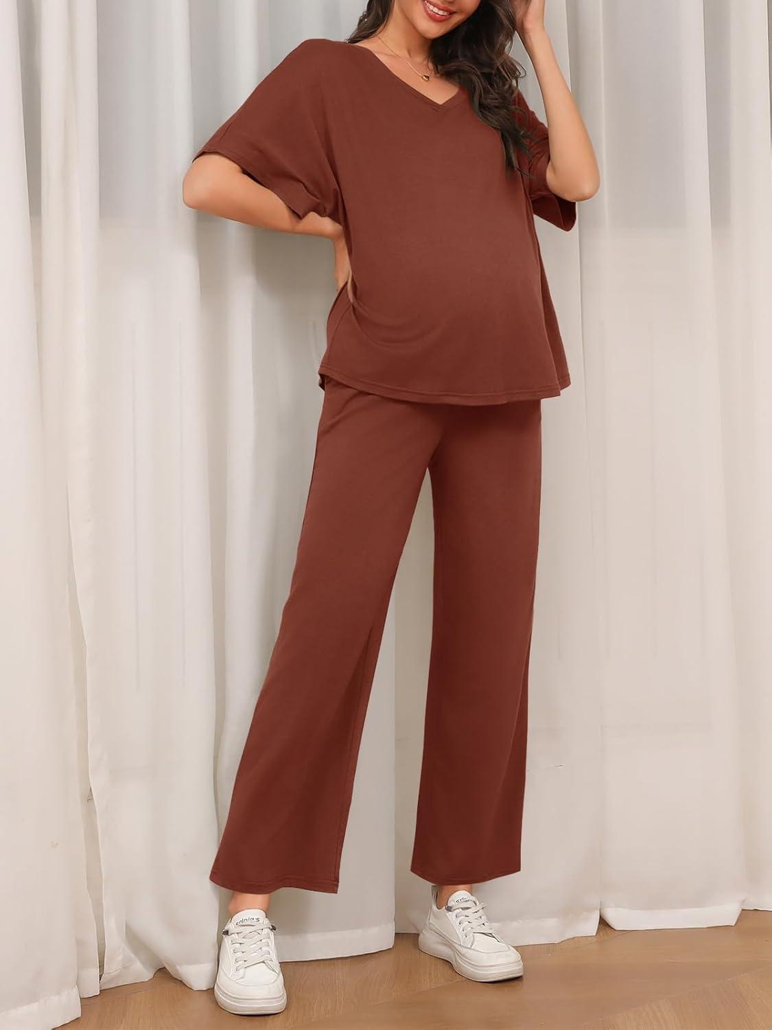 imageTankaneo Womens Maternity Pajamas 2 Piece Lounge Set Soft Short Sleeve V Neck Tshirt Cropped Pants Pregnancy LoungewearCoffee