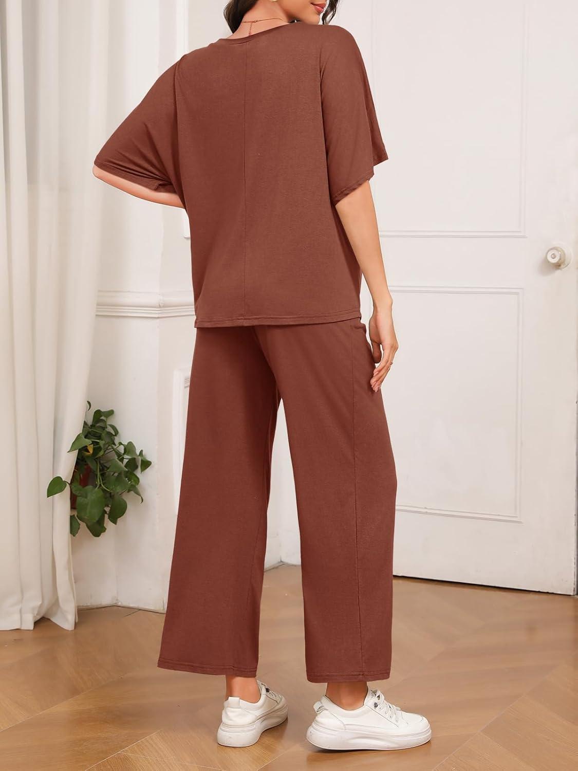 imageTankaneo Womens Maternity Pajamas 2 Piece Lounge Set Soft Short Sleeve V Neck Tshirt Cropped Pants Pregnancy LoungewearCoffee