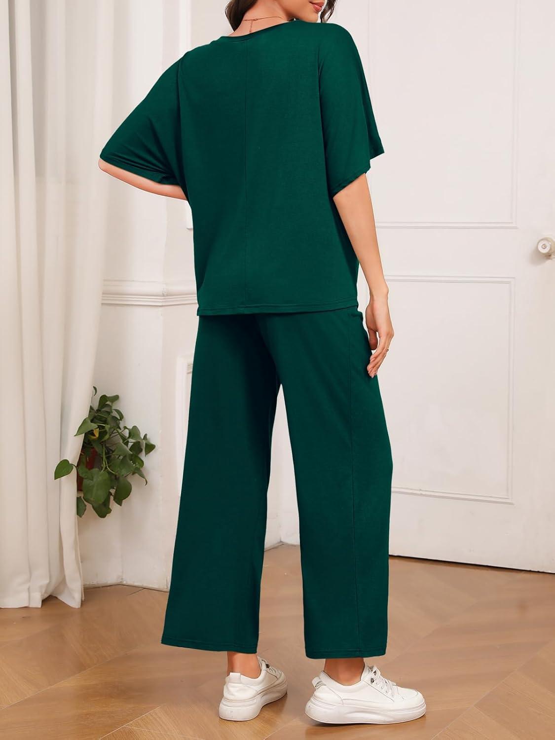 imageTankaneo Womens Maternity Pajamas 2 Piece Lounge Set Soft Short Sleeve V Neck Tshirt Cropped Pants Pregnancy LoungewearDark Green