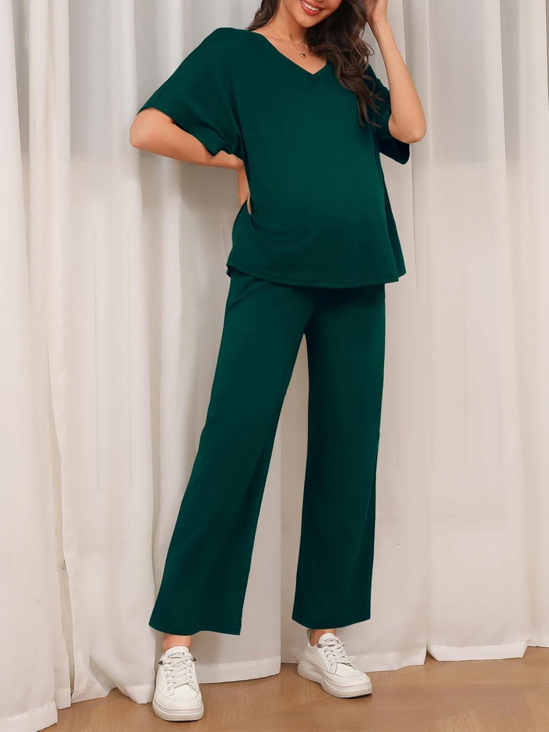 imageTankaneo Womens Maternity Pajamas 2 Piece Lounge Set Soft Short Sleeve V Neck Tshirt Cropped Pants Pregnancy LoungewearDark Green