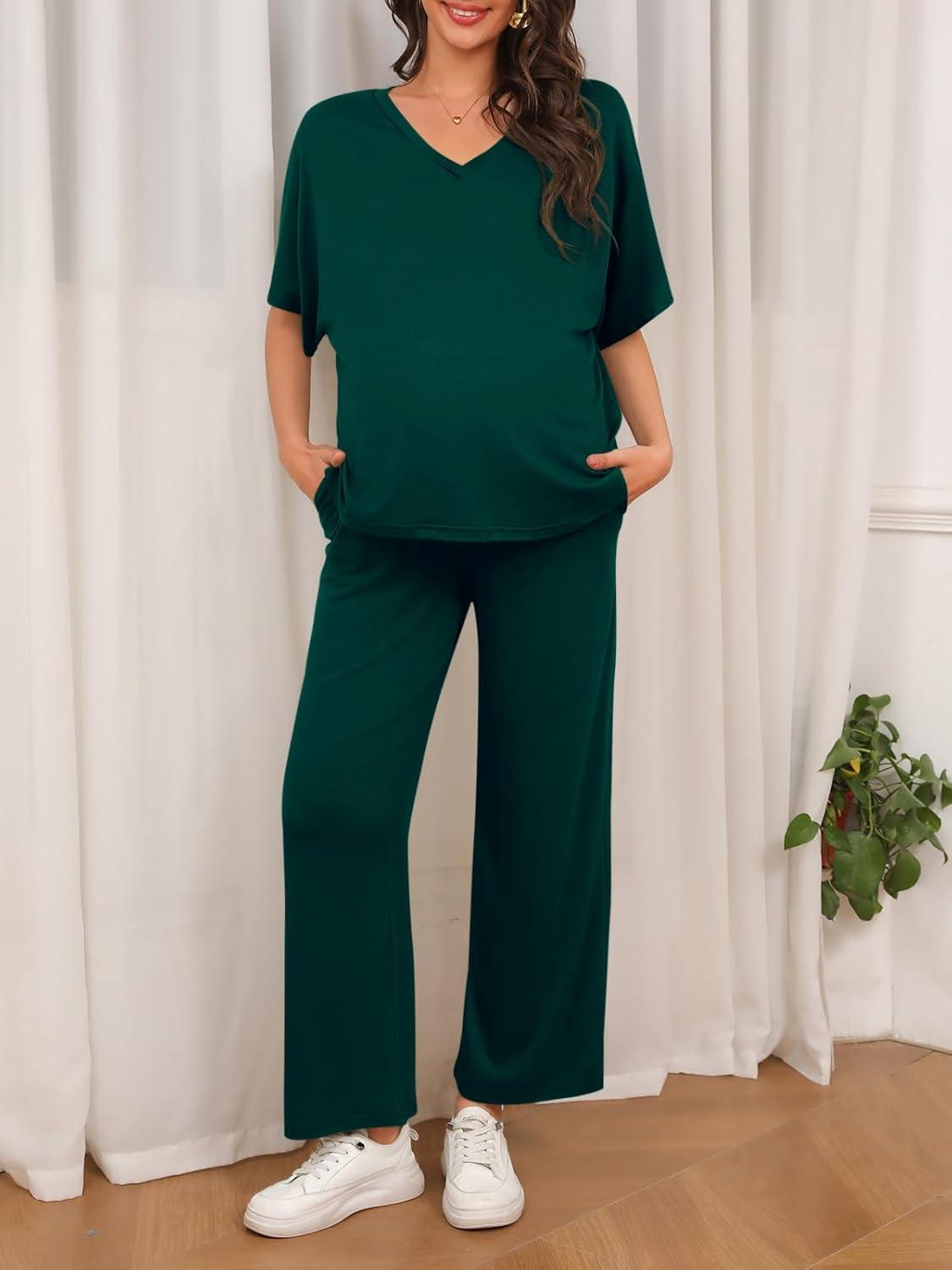 imageTankaneo Womens Maternity Pajamas 2 Piece Lounge Set Soft Short Sleeve V Neck Tshirt Cropped Pants Pregnancy LoungewearDark Green