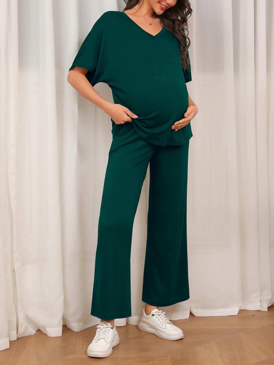 imageTankaneo Womens Maternity Pajamas 2 Piece Lounge Set Soft Short Sleeve V Neck Tshirt Cropped Pants Pregnancy LoungewearDark Green