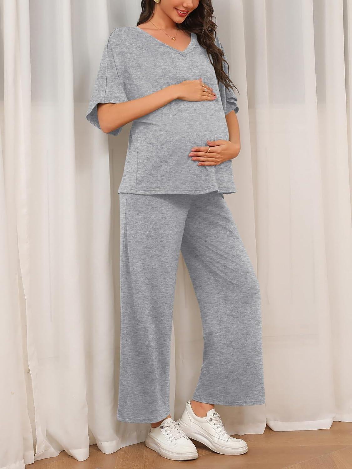 imageTankaneo Womens Maternity Pajamas 2 Piece Lounge Set Soft Short Sleeve V Neck Tshirt Cropped Pants Pregnancy LoungewearGrey