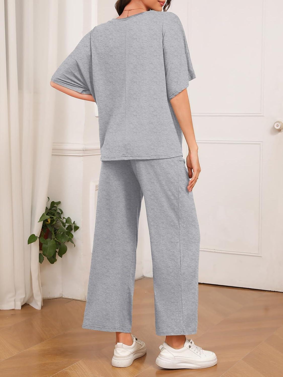 imageTankaneo Womens Maternity Pajamas 2 Piece Lounge Set Soft Short Sleeve V Neck Tshirt Cropped Pants Pregnancy LoungewearGrey