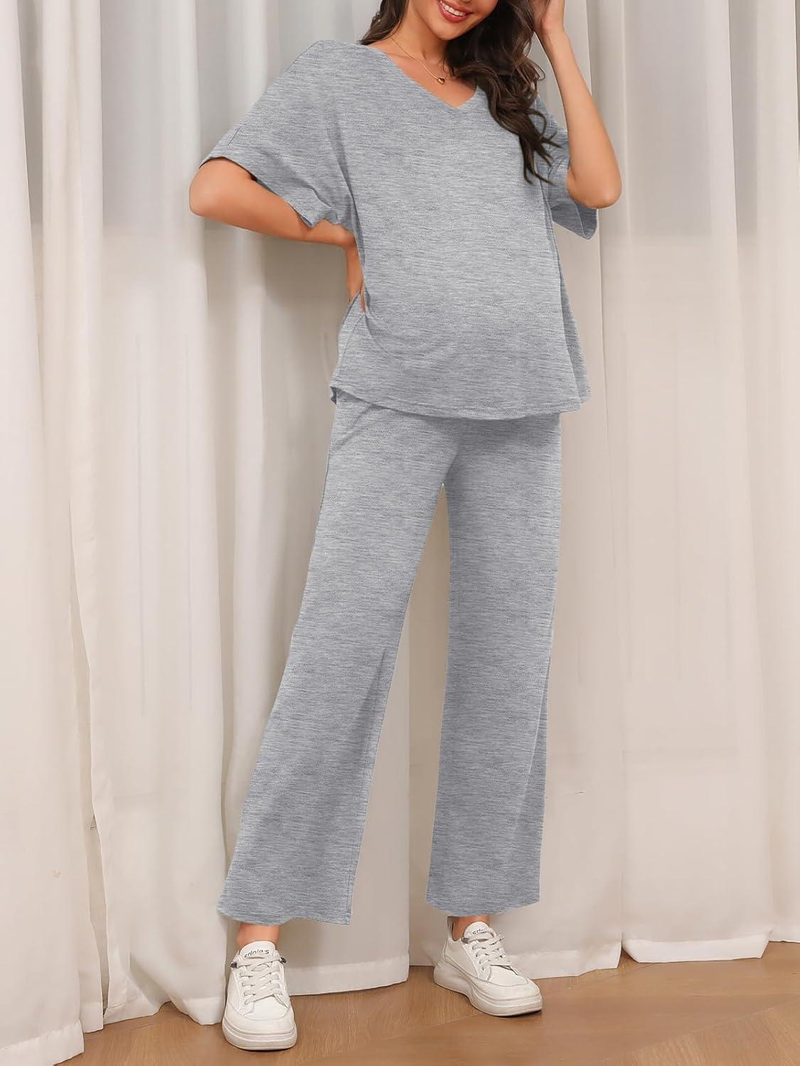 imageTankaneo Womens Maternity Pajamas 2 Piece Lounge Set Soft Short Sleeve V Neck Tshirt Cropped Pants Pregnancy LoungewearGrey