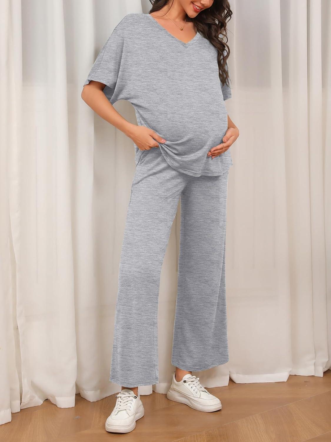 imageTankaneo Womens Maternity Pajamas 2 Piece Lounge Set Soft Short Sleeve V Neck Tshirt Cropped Pants Pregnancy LoungewearGrey