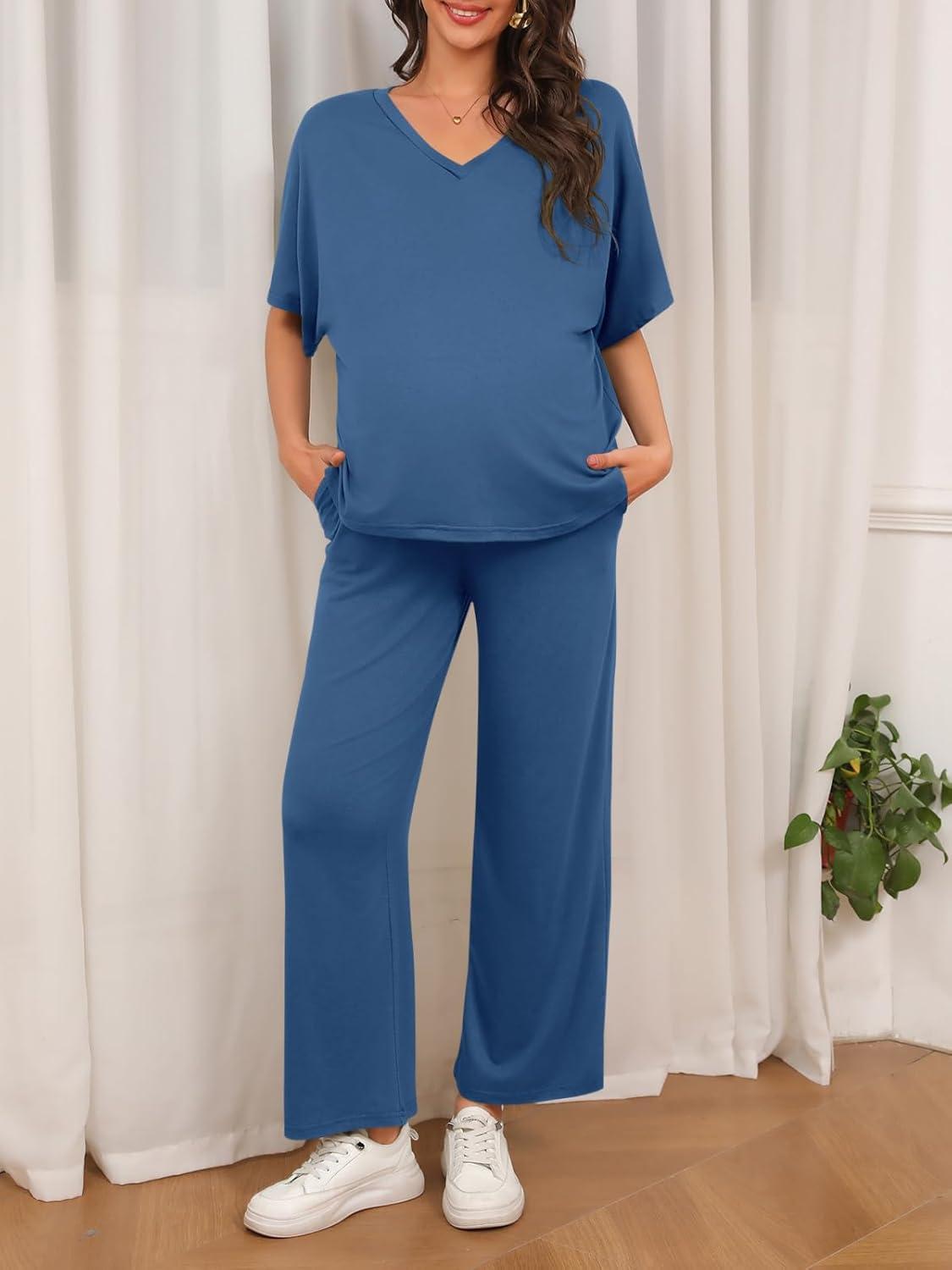 imageTankaneo Womens Maternity Pajamas 2 Piece Lounge Set Soft Short Sleeve V Neck Tshirt Cropped Pants Pregnancy LoungewearNavy