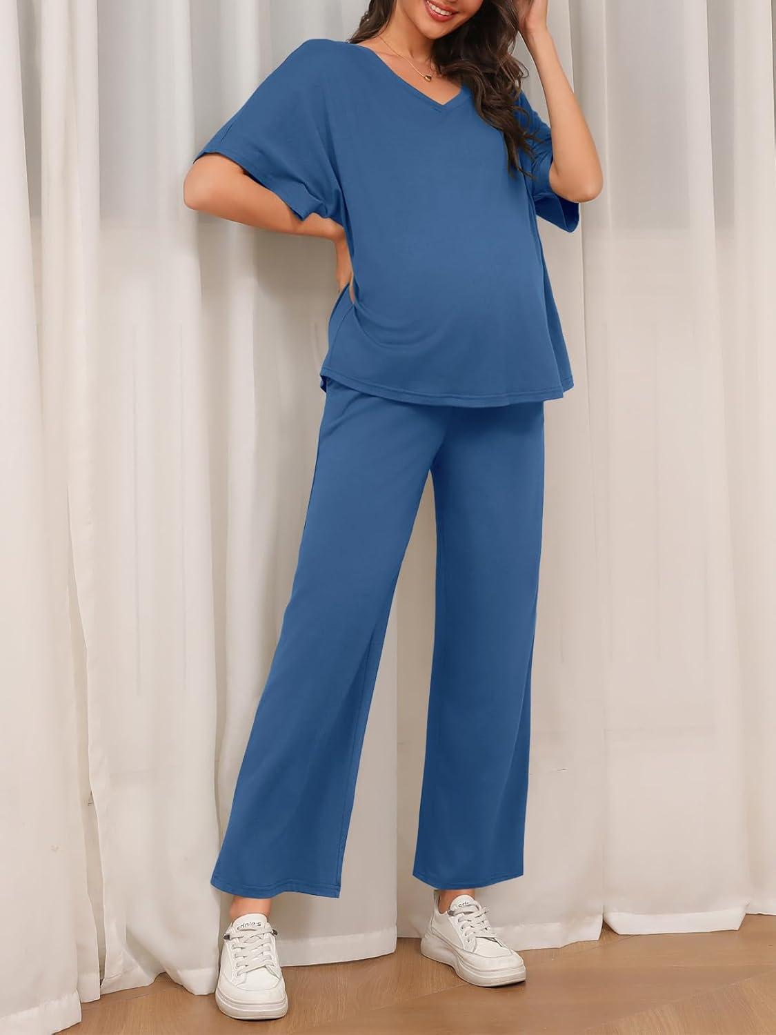 imageTankaneo Womens Maternity Pajamas 2 Piece Lounge Set Soft Short Sleeve V Neck Tshirt Cropped Pants Pregnancy LoungewearNavy