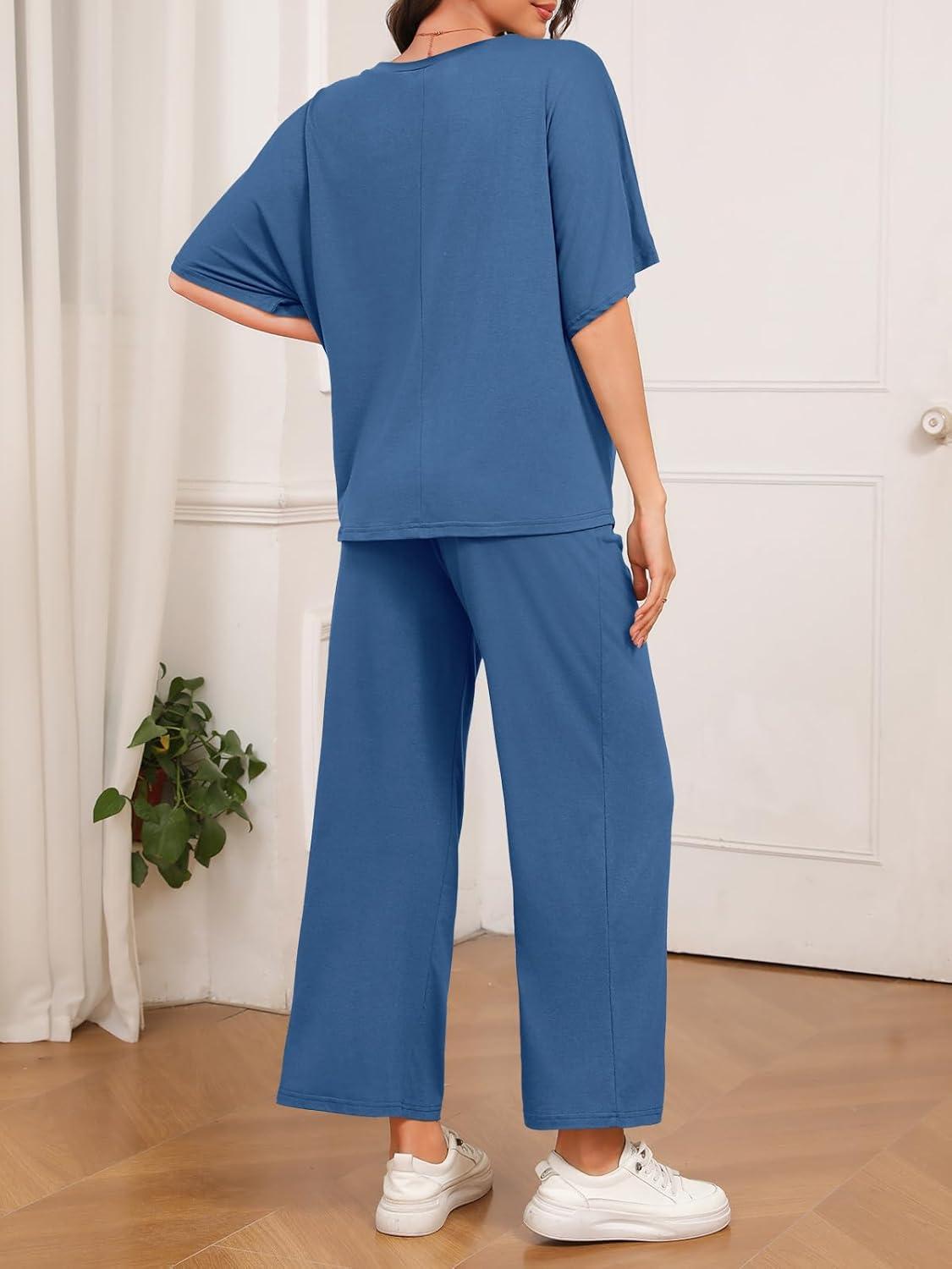 imageTankaneo Womens Maternity Pajamas 2 Piece Lounge Set Soft Short Sleeve V Neck Tshirt Cropped Pants Pregnancy LoungewearNavy