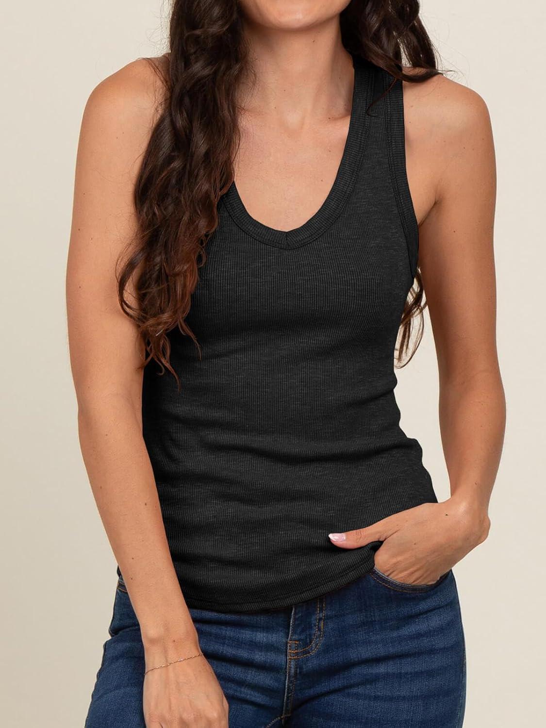 imageTankaneo Womens Maternity Tank Tops Sleeveless V Neck Ribbed Knit Shirts Fitted Summer Casual Curved Hem Pregnancy ClothesBlack