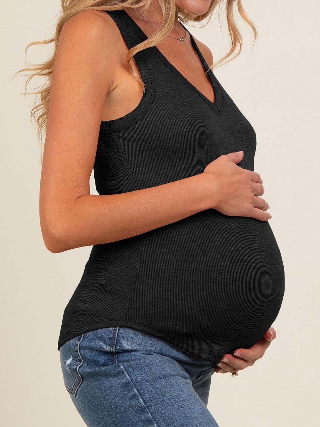 imageTankaneo Womens Maternity Tank Tops Sleeveless V Neck Ribbed Knit Shirts Fitted Summer Casual Curved Hem Pregnancy ClothesBlack