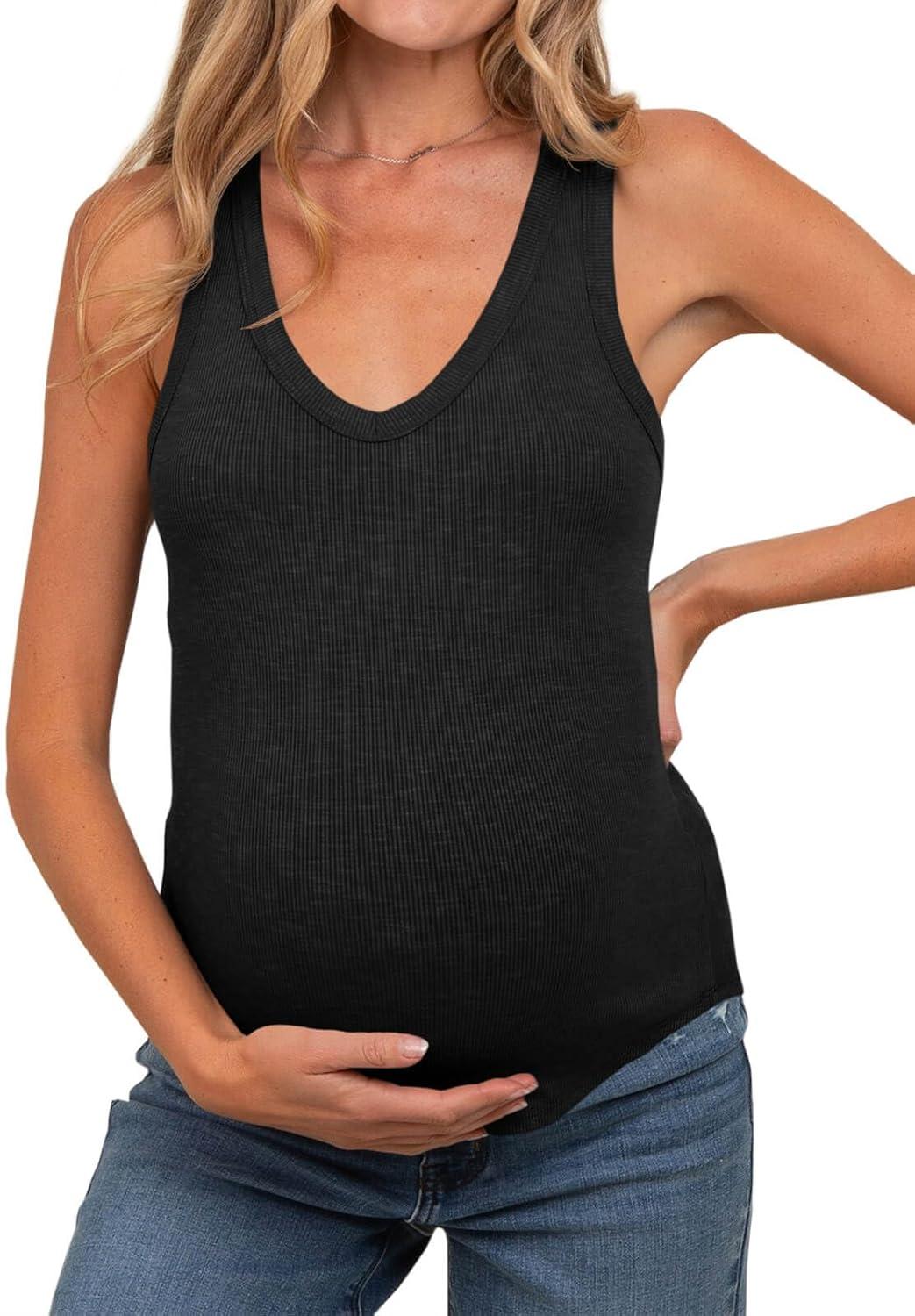 imageTankaneo Womens Maternity Tank Tops Sleeveless V Neck Ribbed Knit Shirts Fitted Summer Casual Curved Hem Pregnancy ClothesBlack
