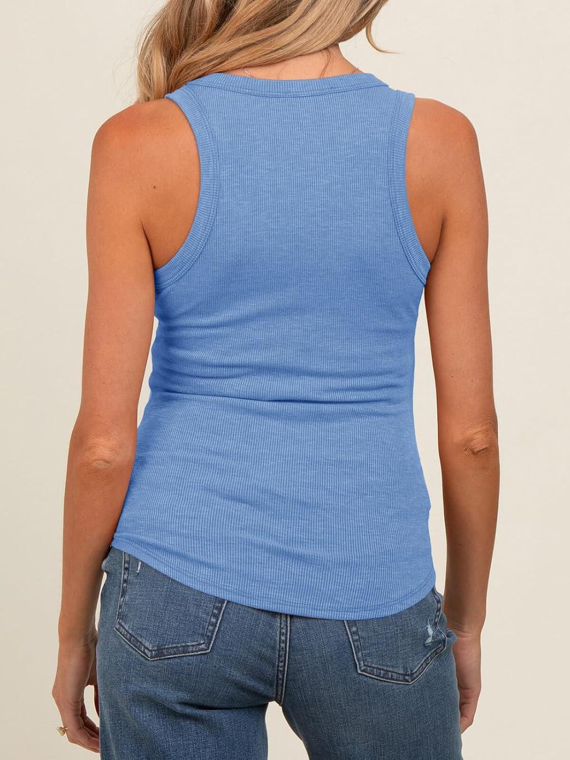 imageTankaneo Womens Maternity Tank Tops Sleeveless V Neck Ribbed Knit Shirts Fitted Summer Casual Curved Hem Pregnancy ClothesBlue