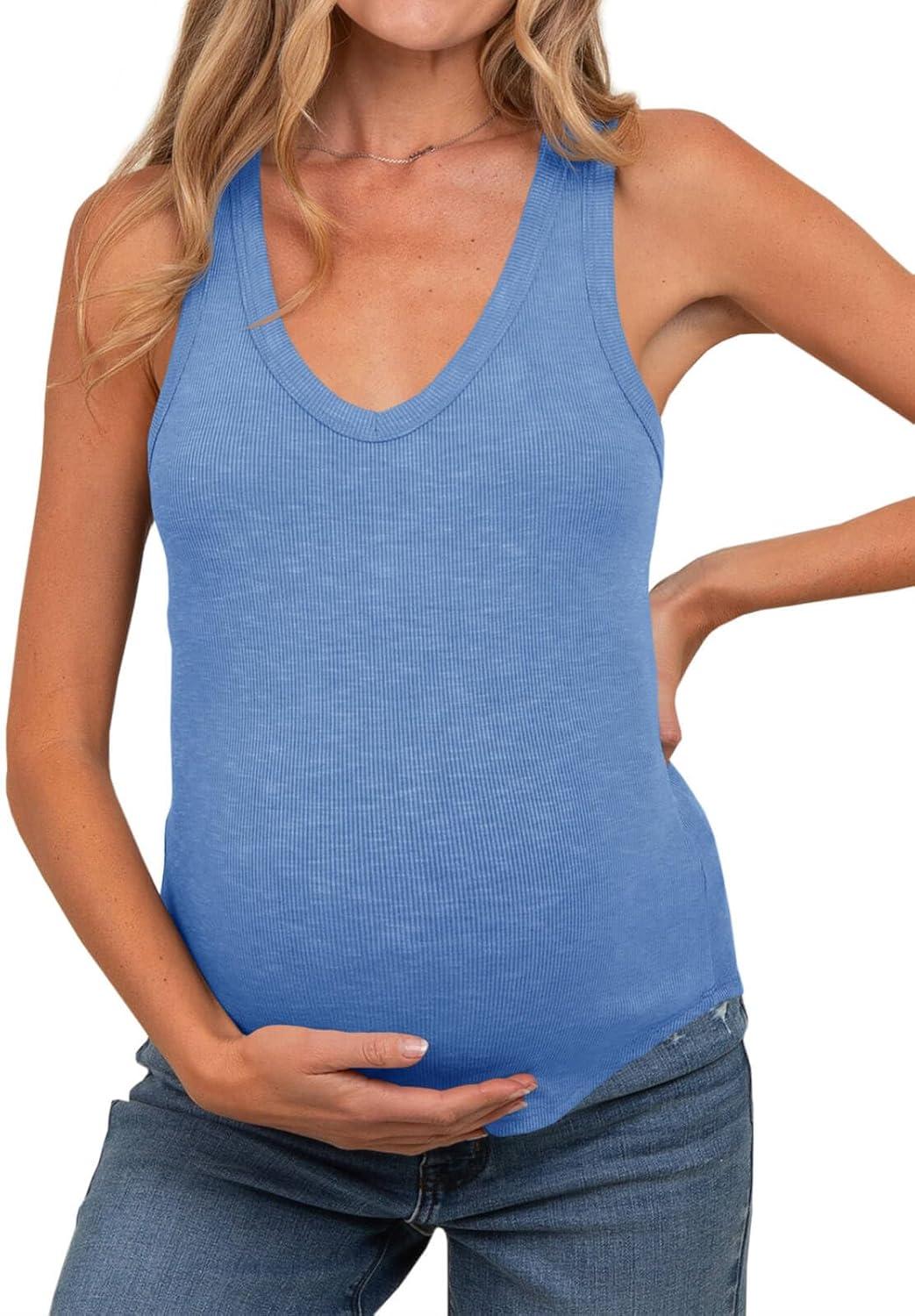 imageTankaneo Womens Maternity Tank Tops Sleeveless V Neck Ribbed Knit Shirts Fitted Summer Casual Curved Hem Pregnancy ClothesBlue