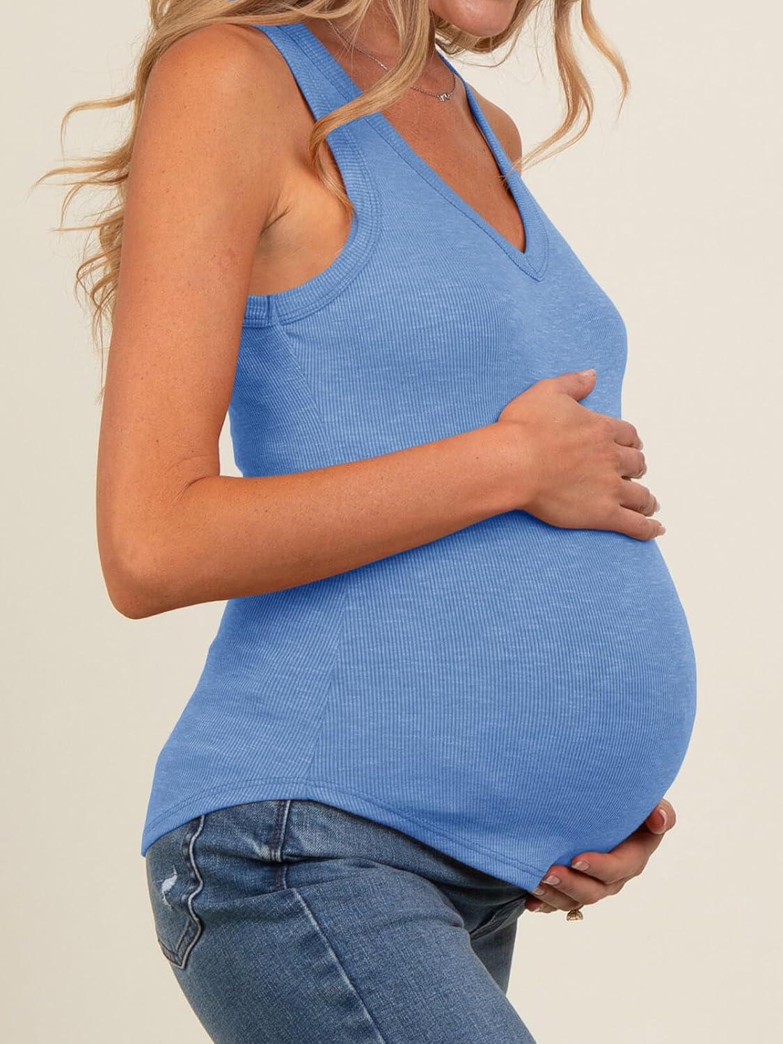 imageTankaneo Womens Maternity Tank Tops Sleeveless V Neck Ribbed Knit Shirts Fitted Summer Casual Curved Hem Pregnancy ClothesBlue
