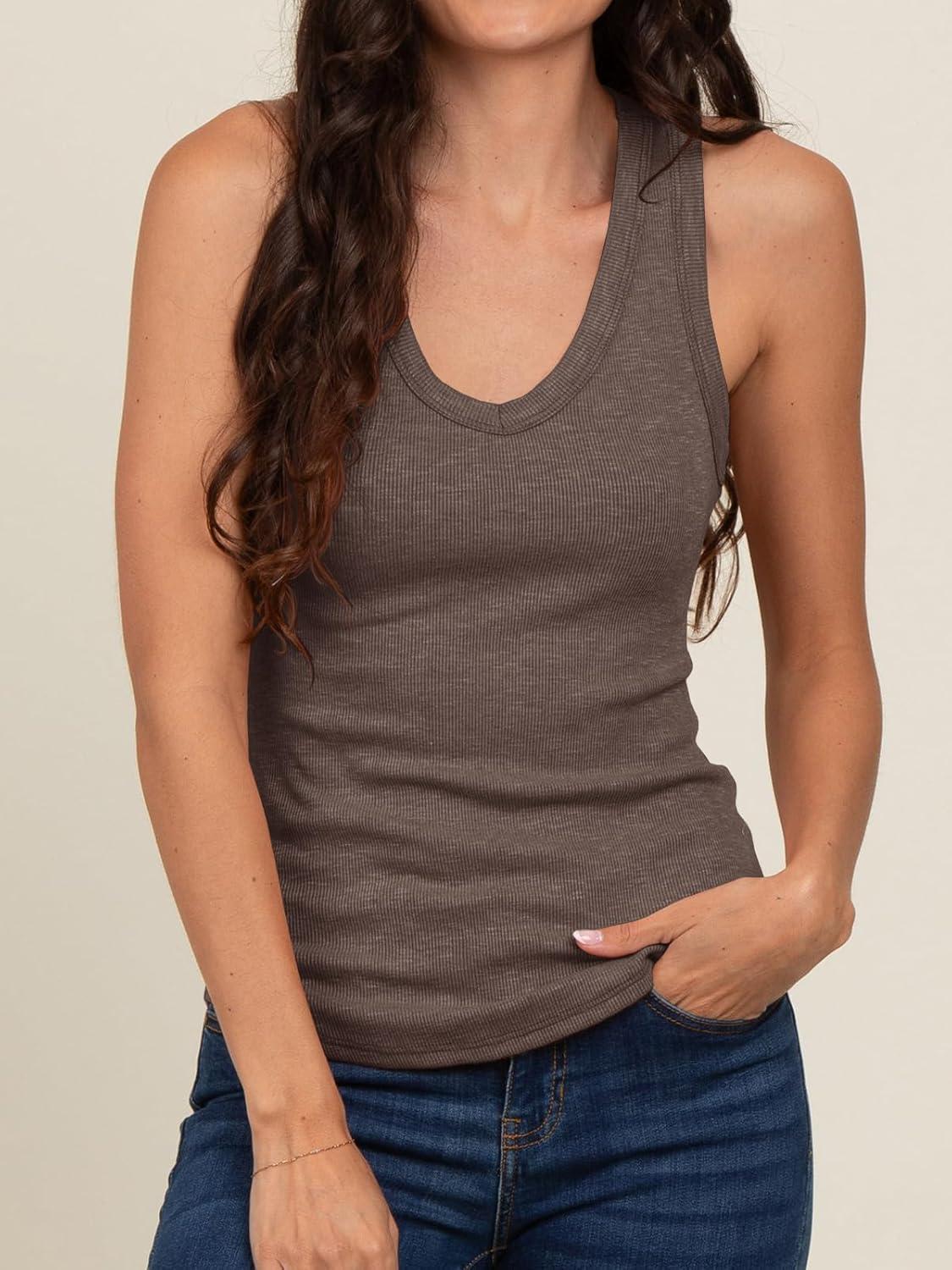 imageTankaneo Womens Maternity Tank Tops Sleeveless V Neck Ribbed Knit Shirts Fitted Summer Casual Curved Hem Pregnancy ClothesCoffee