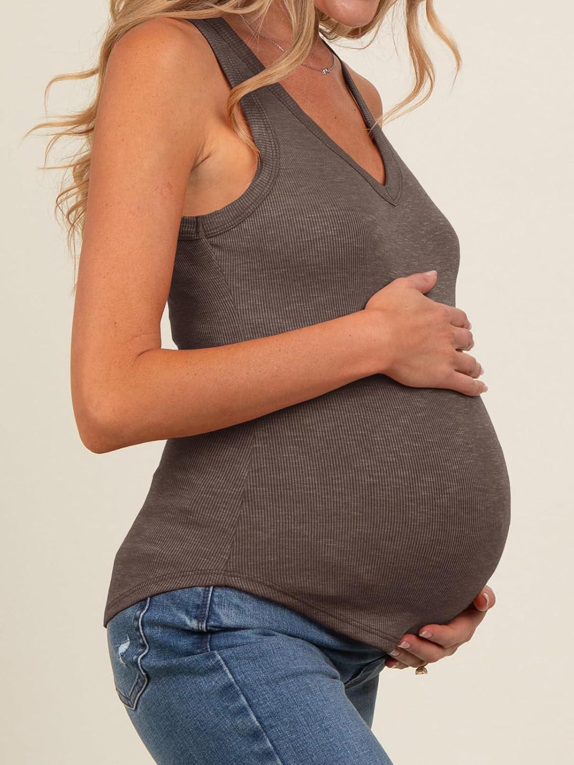 imageTankaneo Womens Maternity Tank Tops Sleeveless V Neck Ribbed Knit Shirts Fitted Summer Casual Curved Hem Pregnancy ClothesCoffee