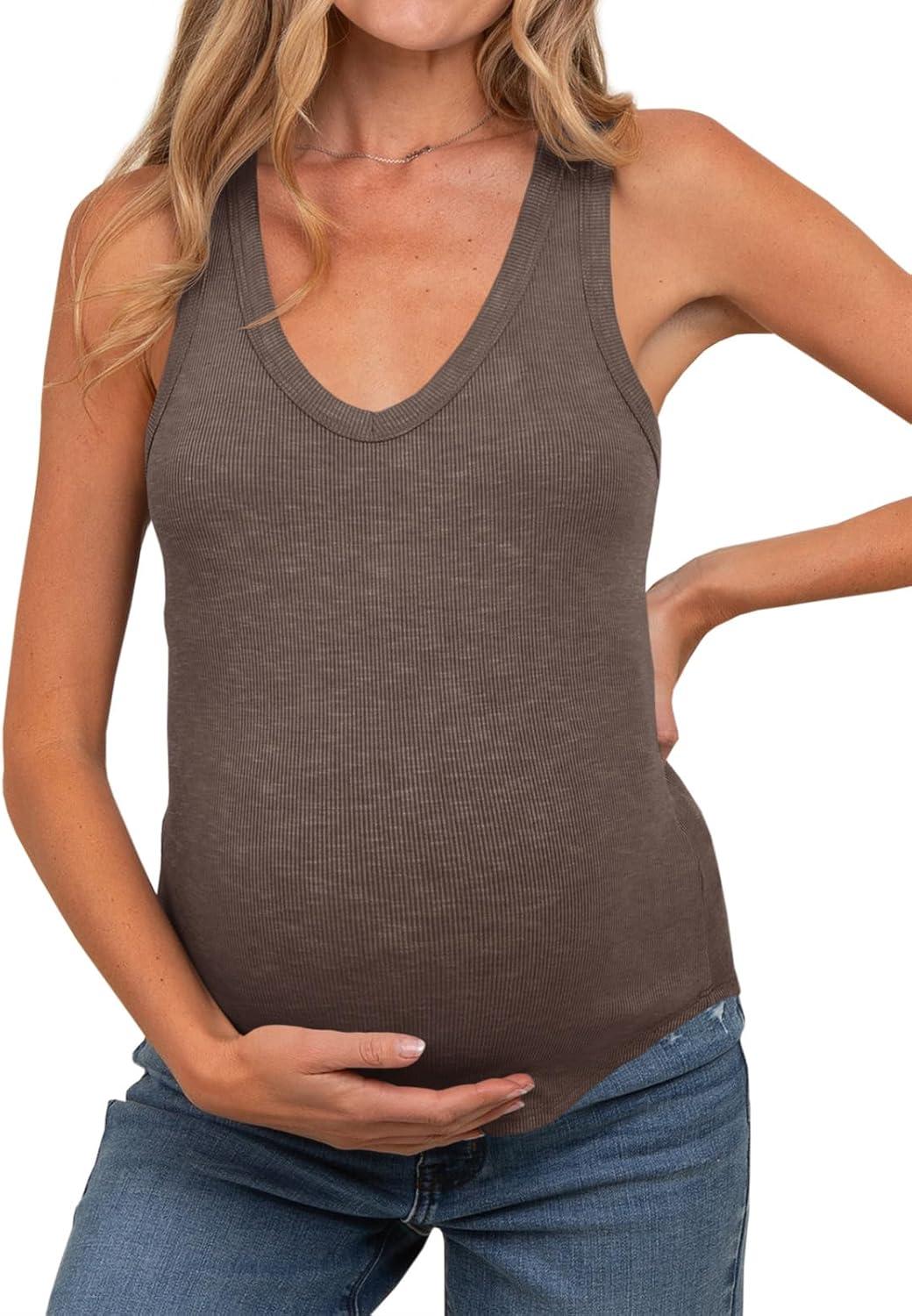 imageTankaneo Womens Maternity Tank Tops Sleeveless V Neck Ribbed Knit Shirts Fitted Summer Casual Curved Hem Pregnancy ClothesCoffee