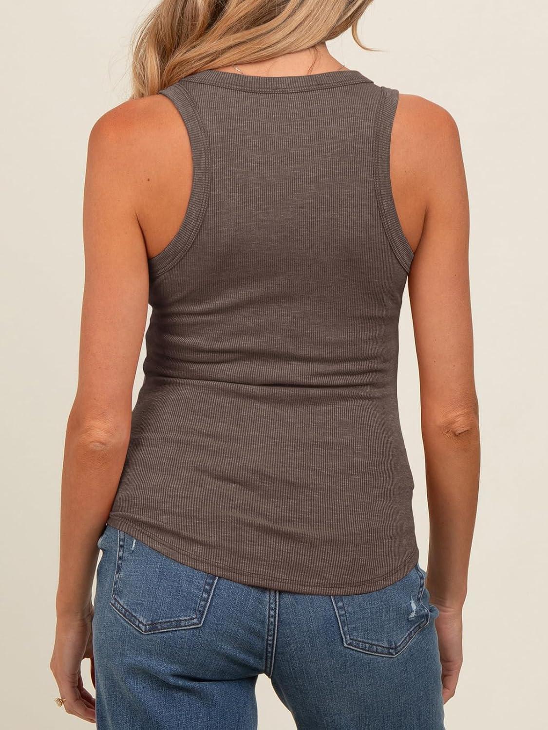 imageTankaneo Womens Maternity Tank Tops Sleeveless V Neck Ribbed Knit Shirts Fitted Summer Casual Curved Hem Pregnancy ClothesCoffee