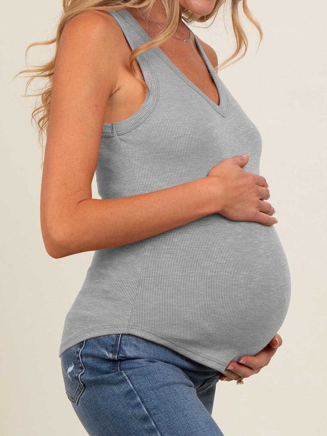imageTankaneo Womens Maternity Tank Tops Sleeveless V Neck Ribbed Knit Shirts Fitted Summer Casual Curved Hem Pregnancy ClothesGrey