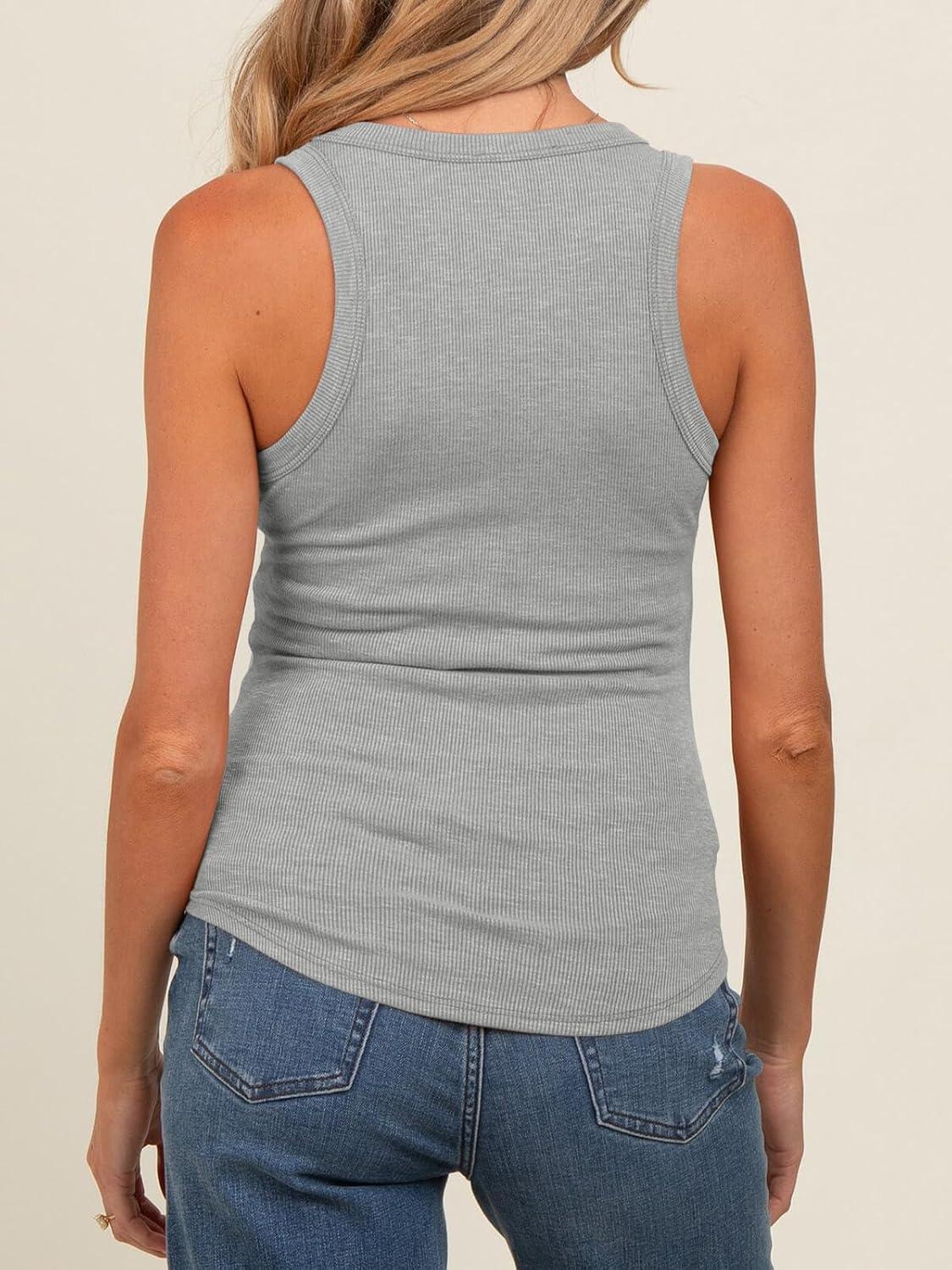 imageTankaneo Womens Maternity Tank Tops Sleeveless V Neck Ribbed Knit Shirts Fitted Summer Casual Curved Hem Pregnancy ClothesGrey