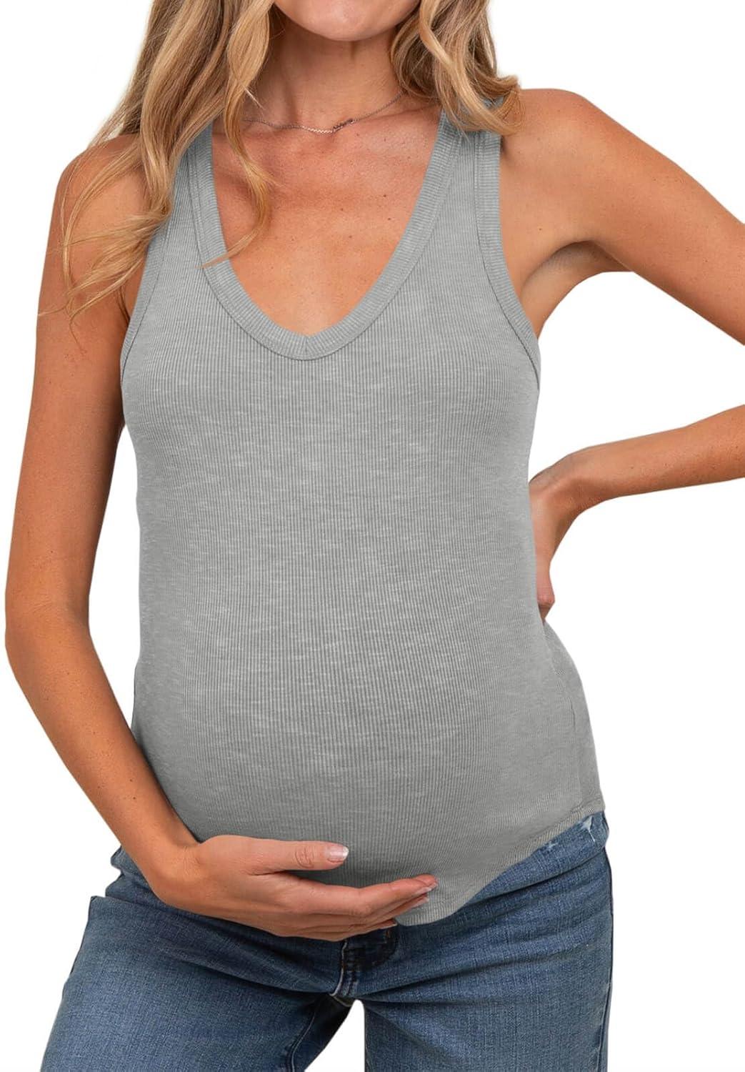 imageTankaneo Womens Maternity Tank Tops Sleeveless V Neck Ribbed Knit Shirts Fitted Summer Casual Curved Hem Pregnancy ClothesGrey