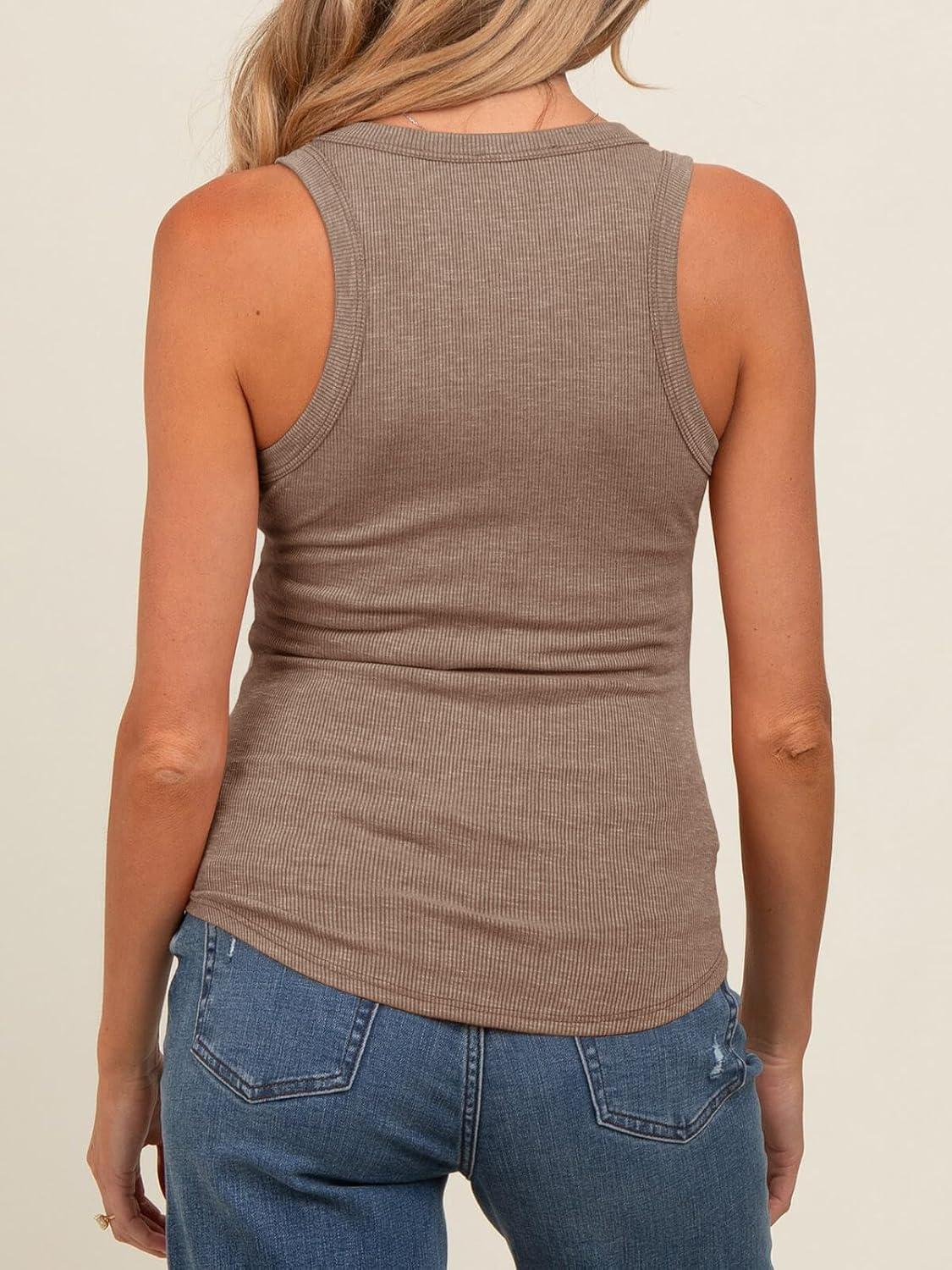 imageTankaneo Womens Maternity Tank Tops Sleeveless V Neck Ribbed Knit Shirts Fitted Summer Casual Curved Hem Pregnancy ClothesKhaki