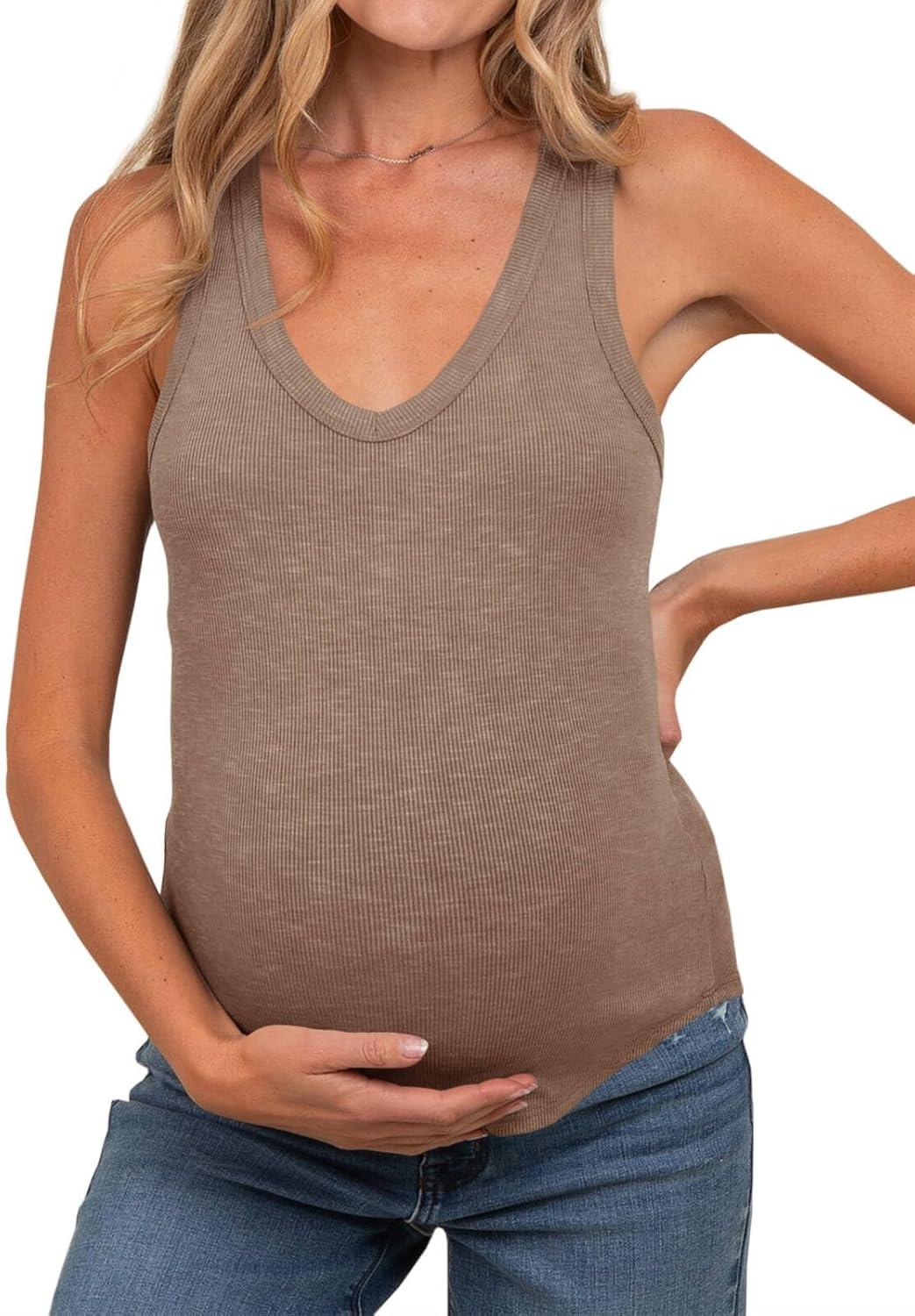 imageTankaneo Womens Maternity Tank Tops Sleeveless V Neck Ribbed Knit Shirts Fitted Summer Casual Curved Hem Pregnancy ClothesKhaki