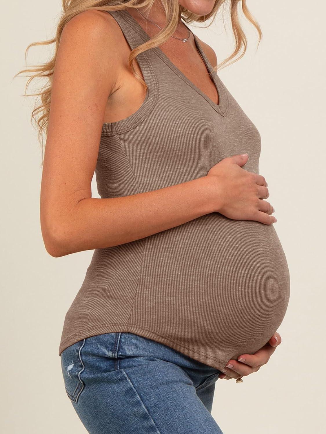 imageTankaneo Womens Maternity Tank Tops Sleeveless V Neck Ribbed Knit Shirts Fitted Summer Casual Curved Hem Pregnancy ClothesKhaki