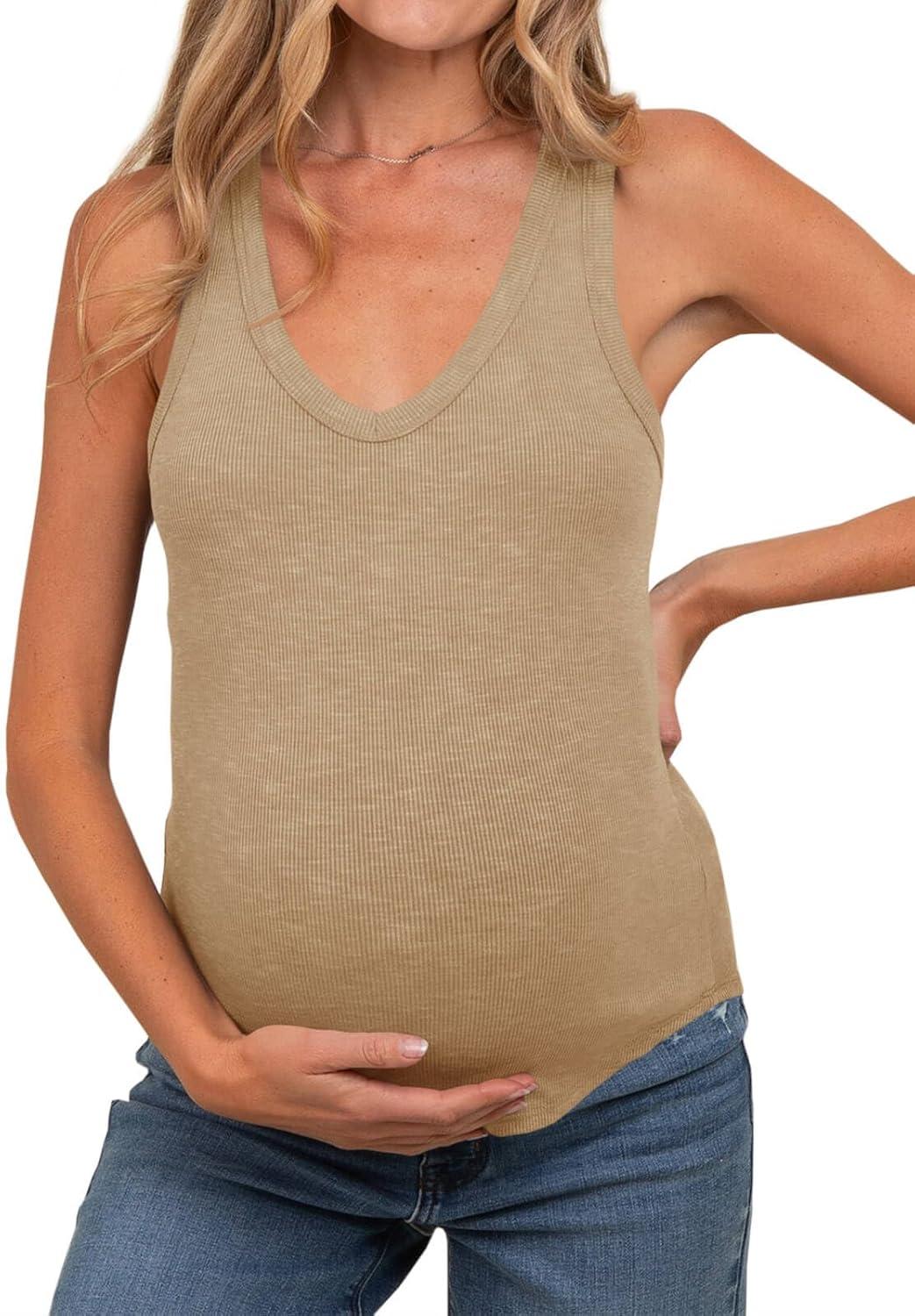 imageTankaneo Womens Maternity Tank Tops Sleeveless V Neck Ribbed Knit Shirts Fitted Summer Casual Curved Hem Pregnancy ClothesLight Khaki