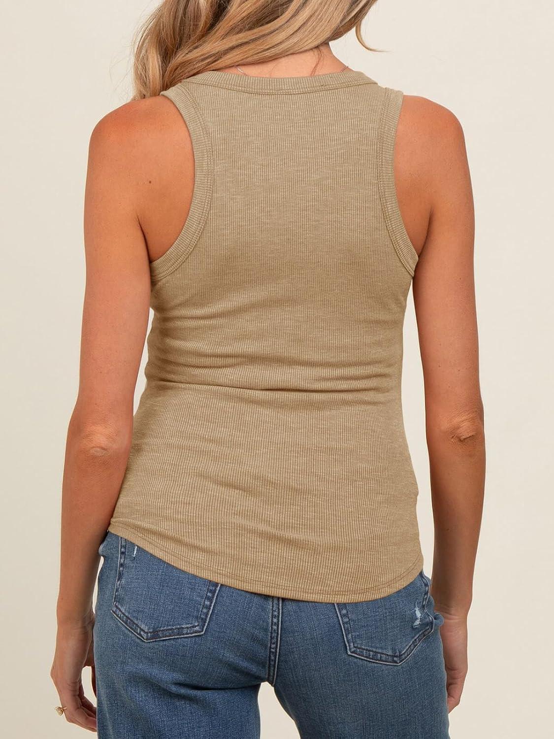 imageTankaneo Womens Maternity Tank Tops Sleeveless V Neck Ribbed Knit Shirts Fitted Summer Casual Curved Hem Pregnancy ClothesLight Khaki