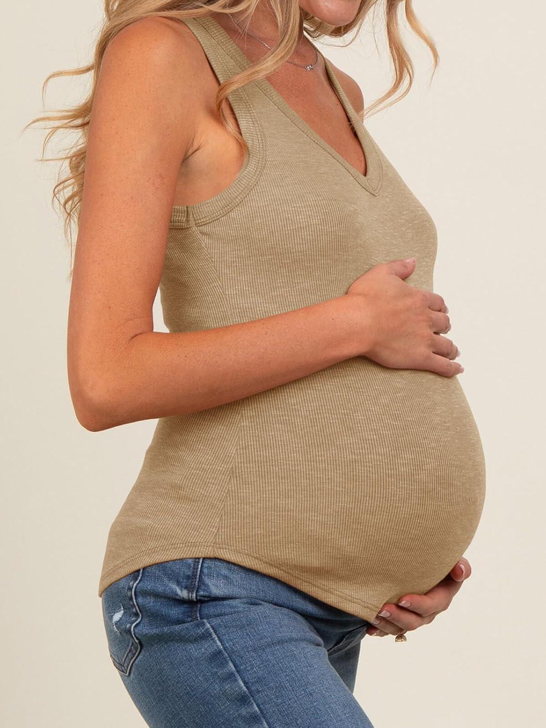 imageTankaneo Womens Maternity Tank Tops Sleeveless V Neck Ribbed Knit Shirts Fitted Summer Casual Curved Hem Pregnancy ClothesLight Khaki