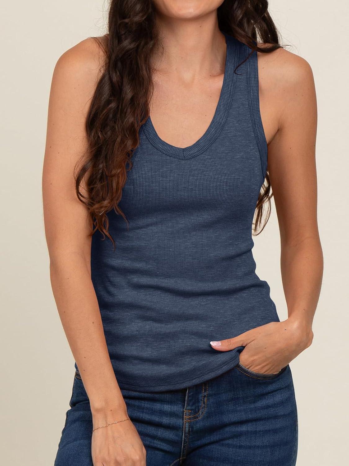 imageTankaneo Womens Maternity Tank Tops Sleeveless V Neck Ribbed Knit Shirts Fitted Summer Casual Curved Hem Pregnancy ClothesNavy