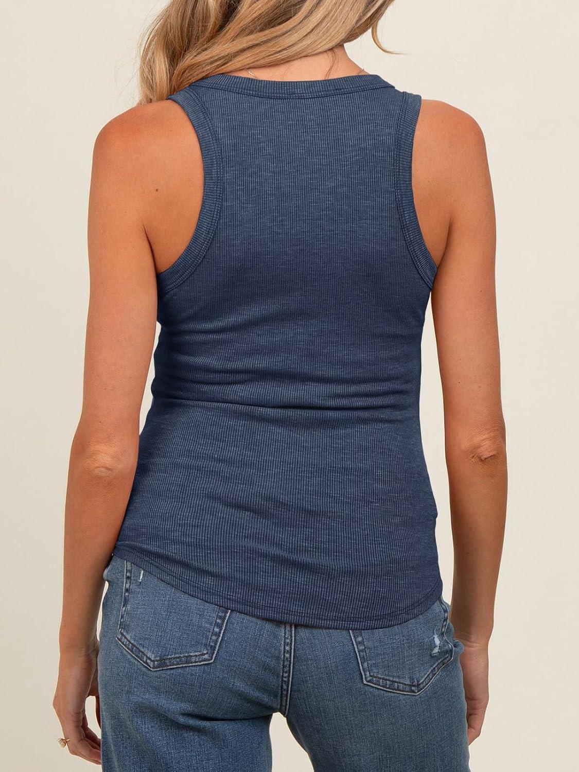 imageTankaneo Womens Maternity Tank Tops Sleeveless V Neck Ribbed Knit Shirts Fitted Summer Casual Curved Hem Pregnancy ClothesNavy