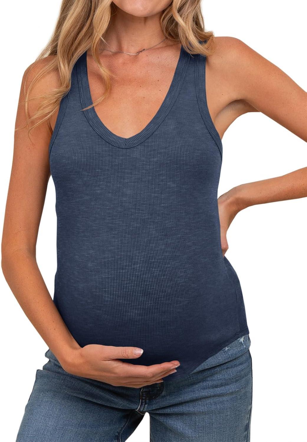imageTankaneo Womens Maternity Tank Tops Sleeveless V Neck Ribbed Knit Shirts Fitted Summer Casual Curved Hem Pregnancy ClothesNavy