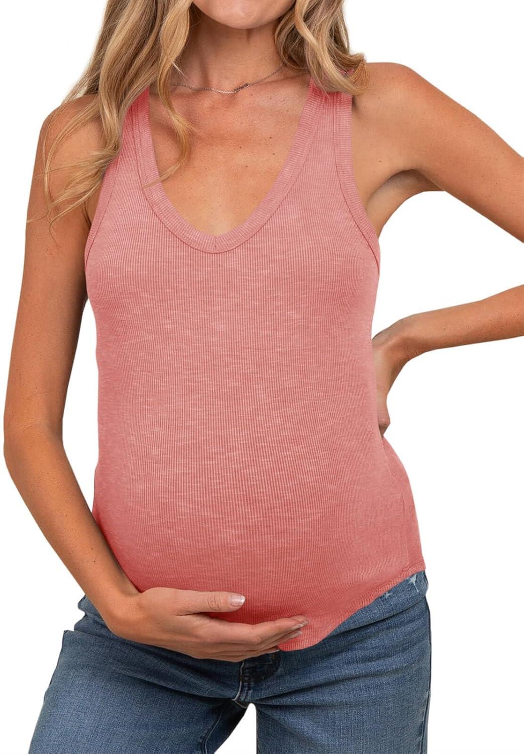 imageTankaneo Womens Maternity Tank Tops Sleeveless V Neck Ribbed Knit Shirts Fitted Summer Casual Curved Hem Pregnancy ClothesOrange Red