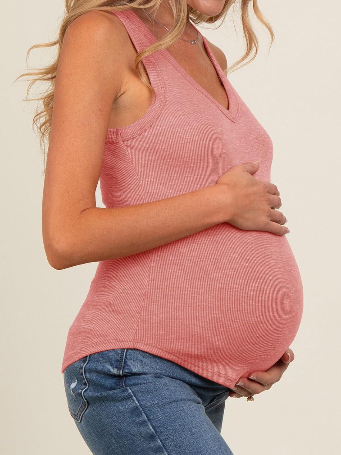 imageTankaneo Womens Maternity Tank Tops Sleeveless V Neck Ribbed Knit Shirts Fitted Summer Casual Curved Hem Pregnancy ClothesOrange Red