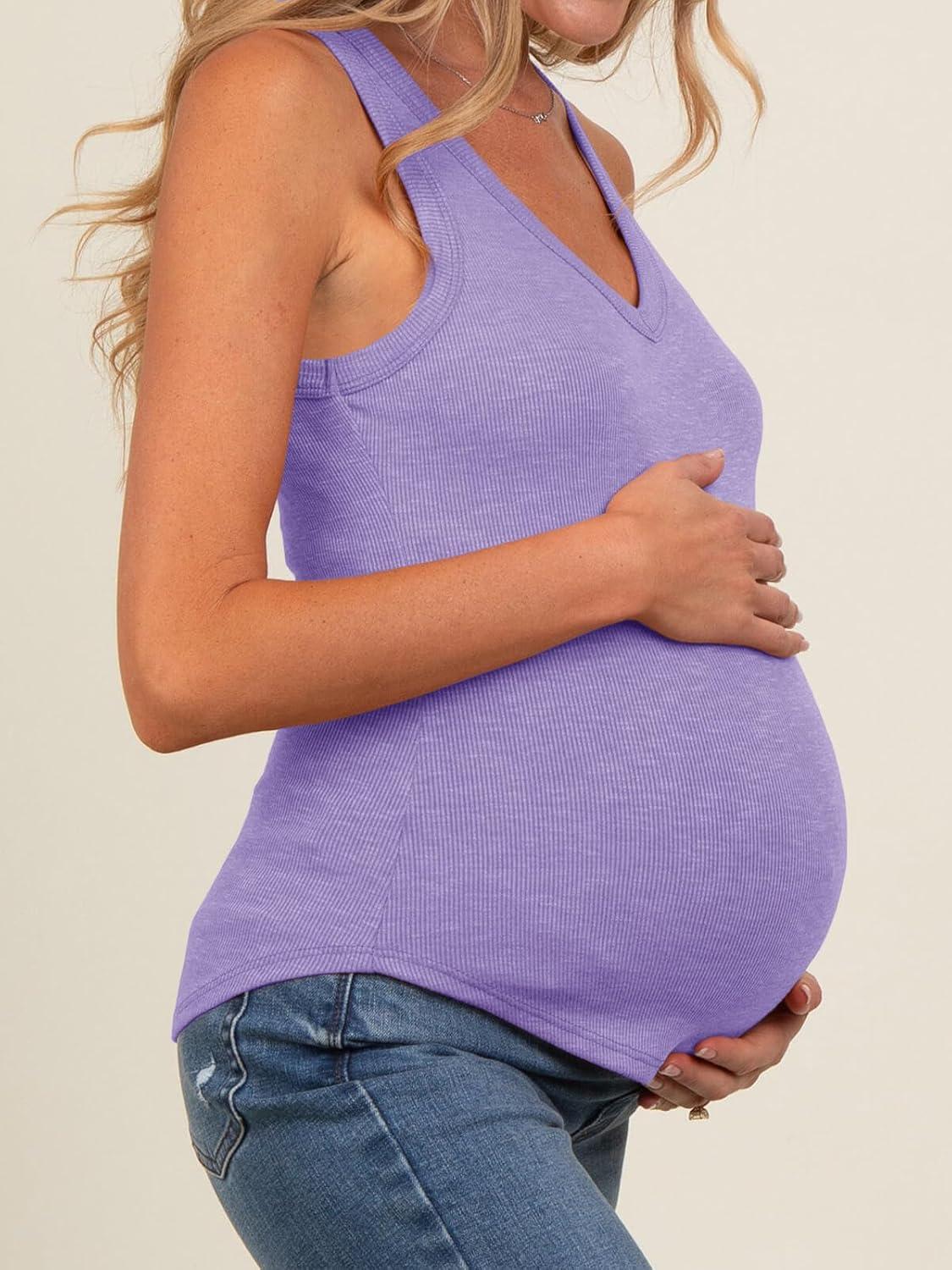 imageTankaneo Womens Maternity Tank Tops Sleeveless V Neck Ribbed Knit Shirts Fitted Summer Casual Curved Hem Pregnancy ClothesPurple
