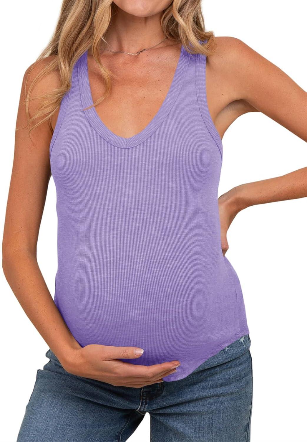 imageTankaneo Womens Maternity Tank Tops Sleeveless V Neck Ribbed Knit Shirts Fitted Summer Casual Curved Hem Pregnancy ClothesPurple