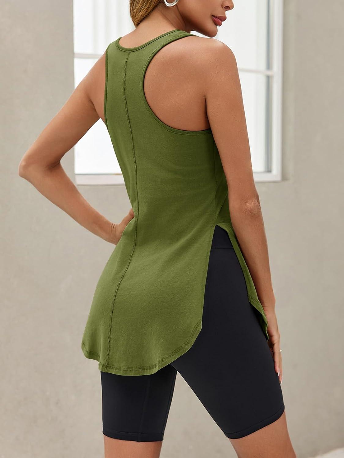 imageTankaneo Womens Oversized Long Tank Tops Scoop Neck Side Slit Sleeveless Cotton Shirts Summer Casual Racerback TeesArmy Green