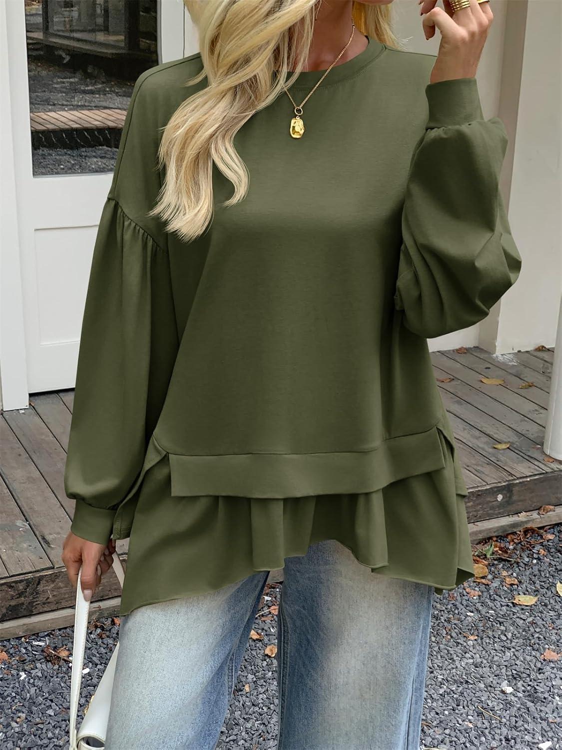 imageTankaneo Womens Oversized Tops Peplum Puff Long Sleeve Shirts Trendy Casual Loose Fit Crew Neck Tunic ShirtsArmy Green