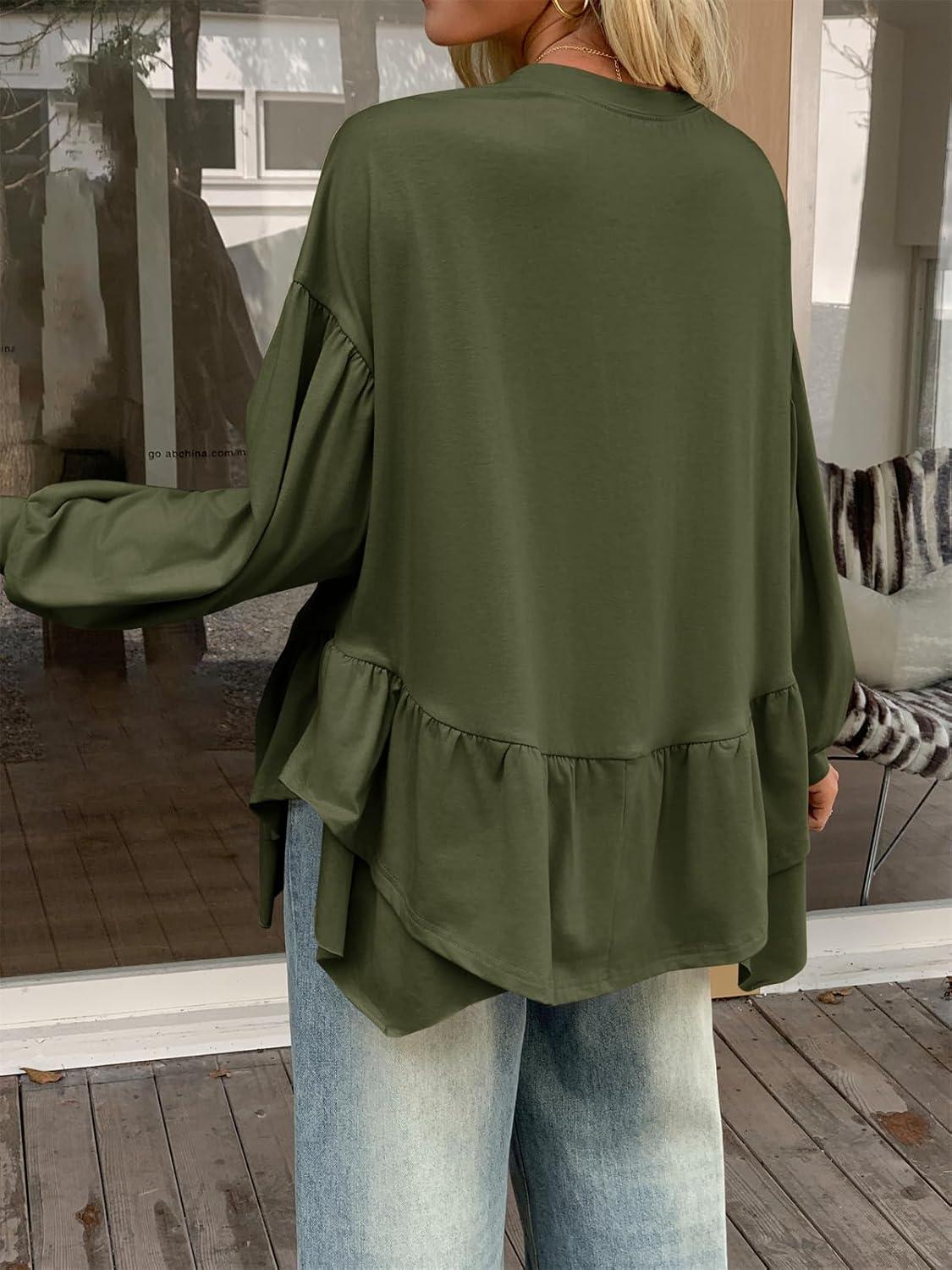 imageTankaneo Womens Oversized Tops Peplum Puff Long Sleeve Shirts Trendy Casual Loose Fit Crew Neck Tunic ShirtsArmy Green