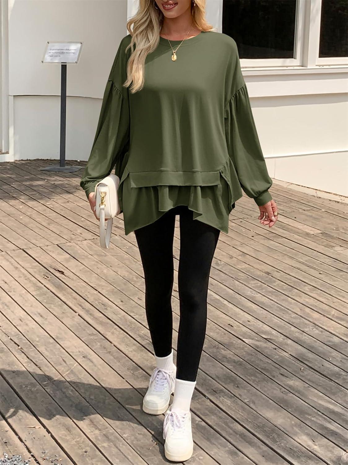 imageTankaneo Womens Oversized Tops Peplum Puff Long Sleeve Shirts Trendy Casual Loose Fit Crew Neck Tunic ShirtsArmy Green