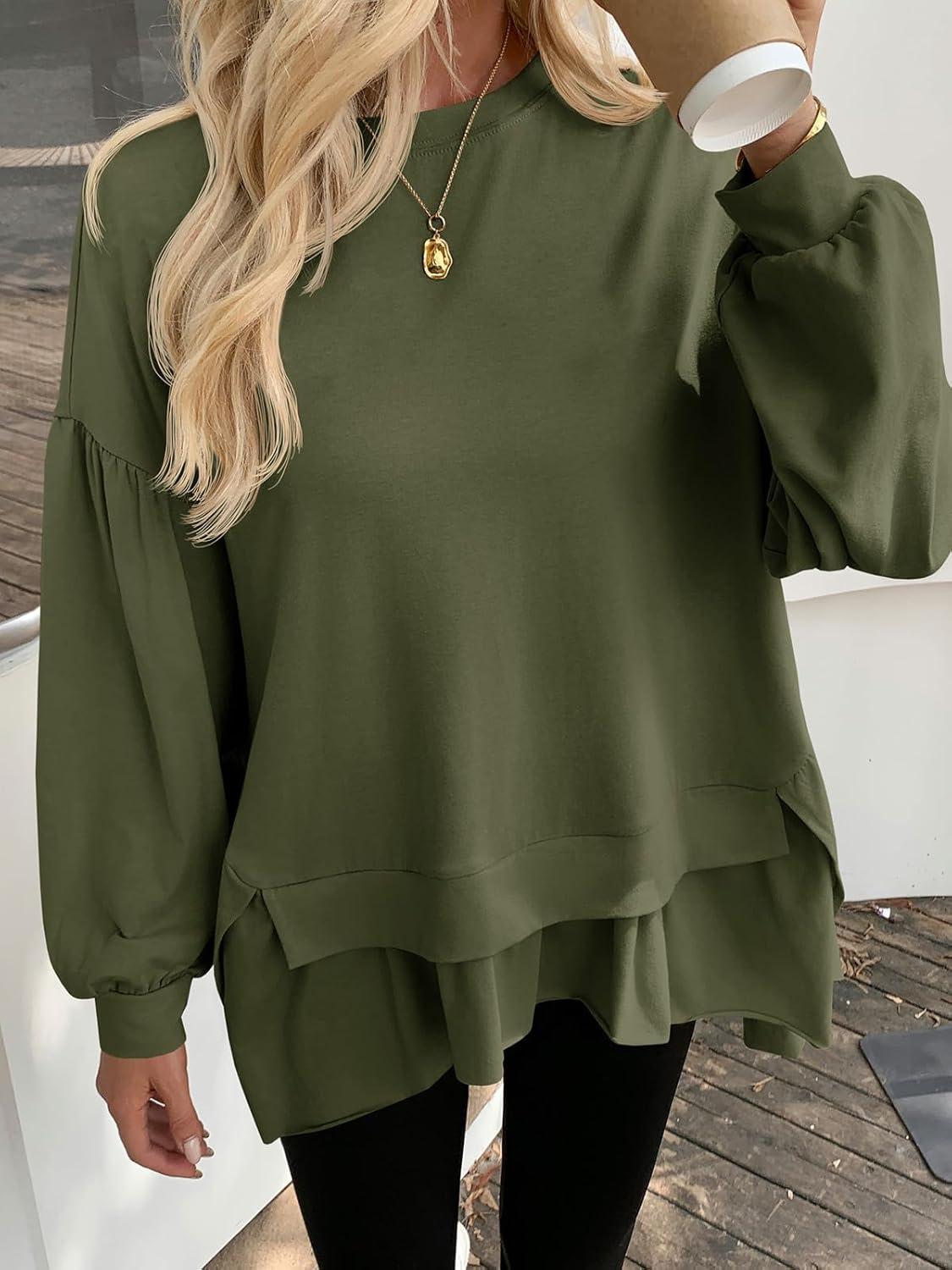 imageTankaneo Womens Oversized Tops Peplum Puff Long Sleeve Shirts Trendy Casual Loose Fit Crew Neck Tunic ShirtsArmy Green